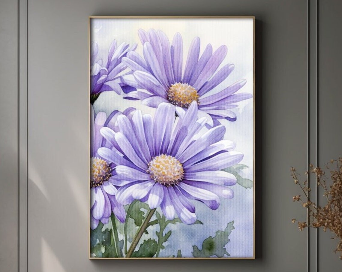 Purple Daisy Flowers Watercolor Bloom Botanical Painting Poster