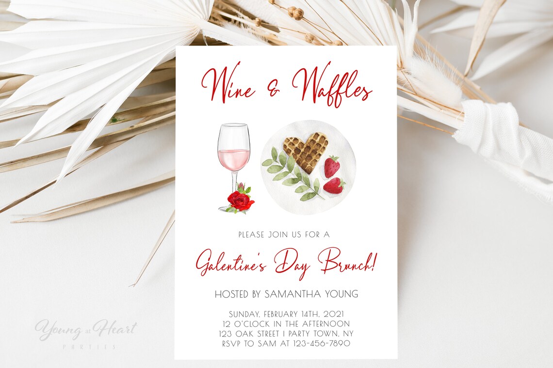 Wine and Waffles Galentines Day Brunch Watercolor Invitation Print