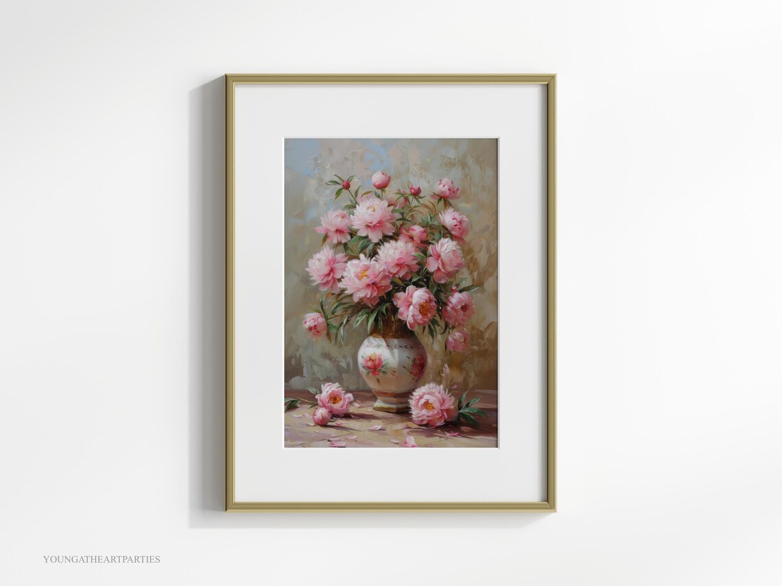 Pink Peonies Oil Painting Bouquet Vase Floral Still Life Art Print - Image 2