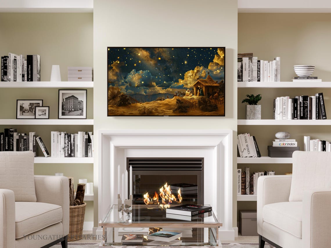 Golden Starry Night Nativity Scene Christmas Frame TV Wall Art - Image 6