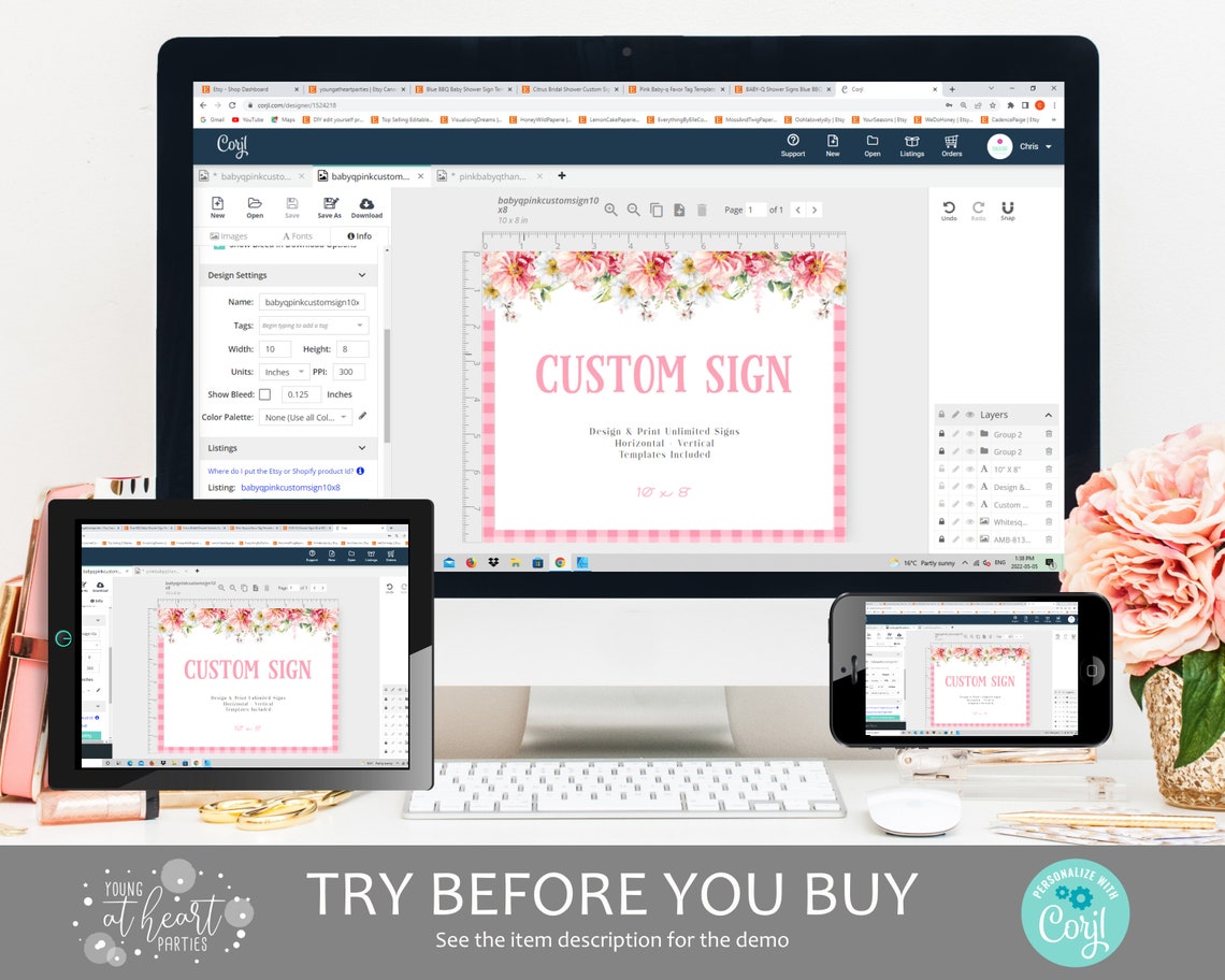 Custom Pink Gingham Floral Party Sign Editable Template Print - Image 2