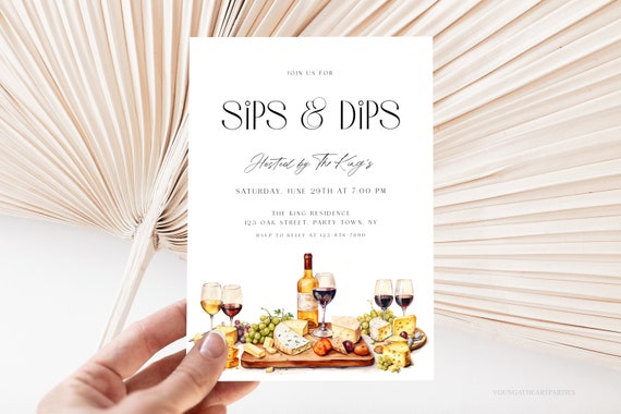 Wine Cheese Party Invitation Sips Dips Charcuterie Invitation Template Editable Wine Tasting Party Invite Adult Wine Party Invitation