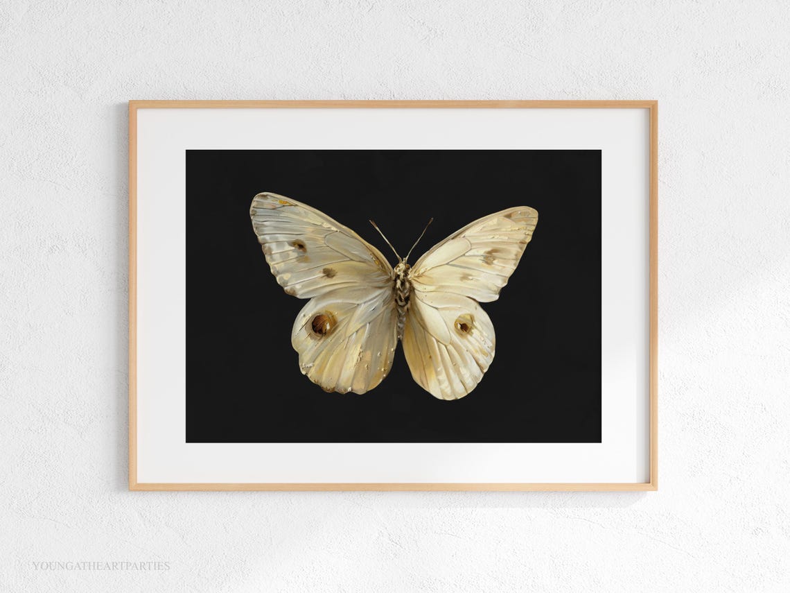 White Moth on Black Moody Insect Gold Frame Vintage Wall Art - Image 2