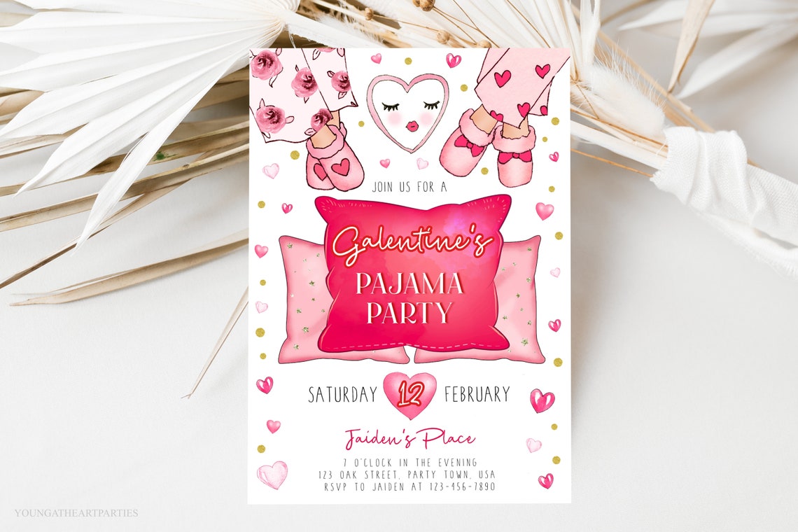 Galentines Pajama Party Invitation Watercolor Hearts Slippers Print