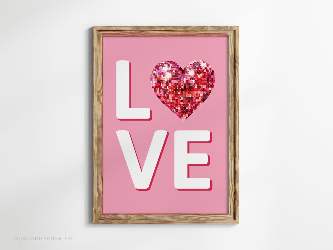 Pink Love Disco Ball Heart Typography Trendy Valentine Decor Poster - Image 5