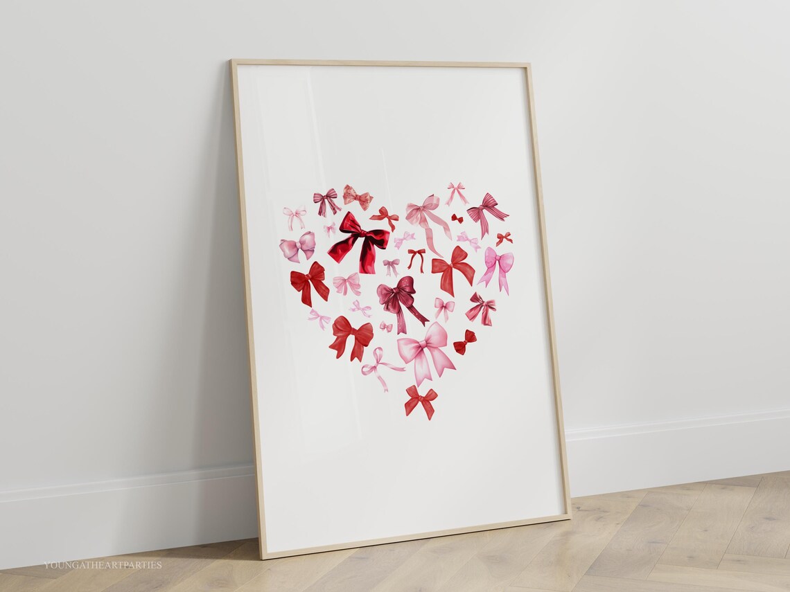 Sweet Watercolor Heart of Red and Pink Bows Valentines Wall Art - Image 4