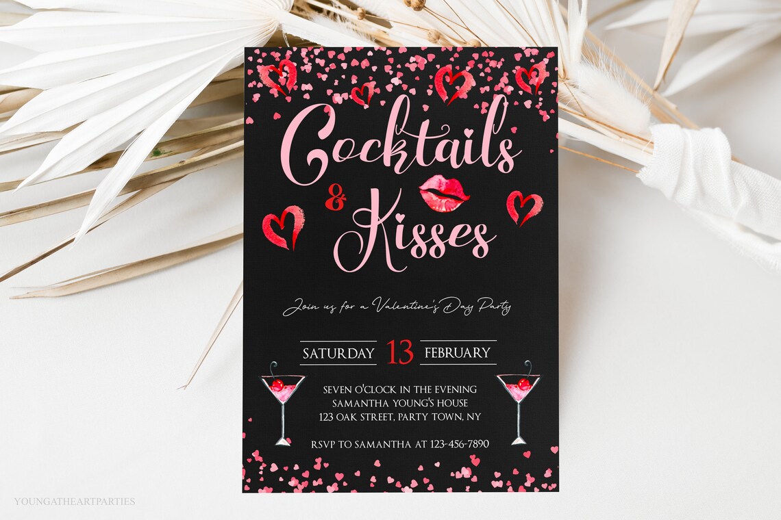 Chic Cocktails and Kisses Valentines Day Party Invitation Print