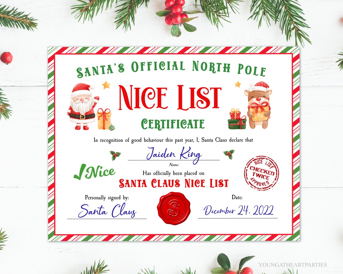 Personalized Santas Official Nice List Certificate Christmas Poster