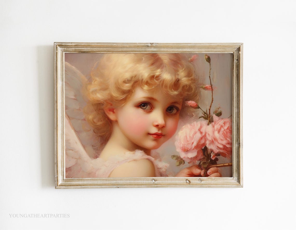 Valentines Cupid Art Print Sweet Cupid Painting Wall Art Valentines Day Decor Vintage Angel Portrait Poster Antique Love Angel Wall Art - Image 2