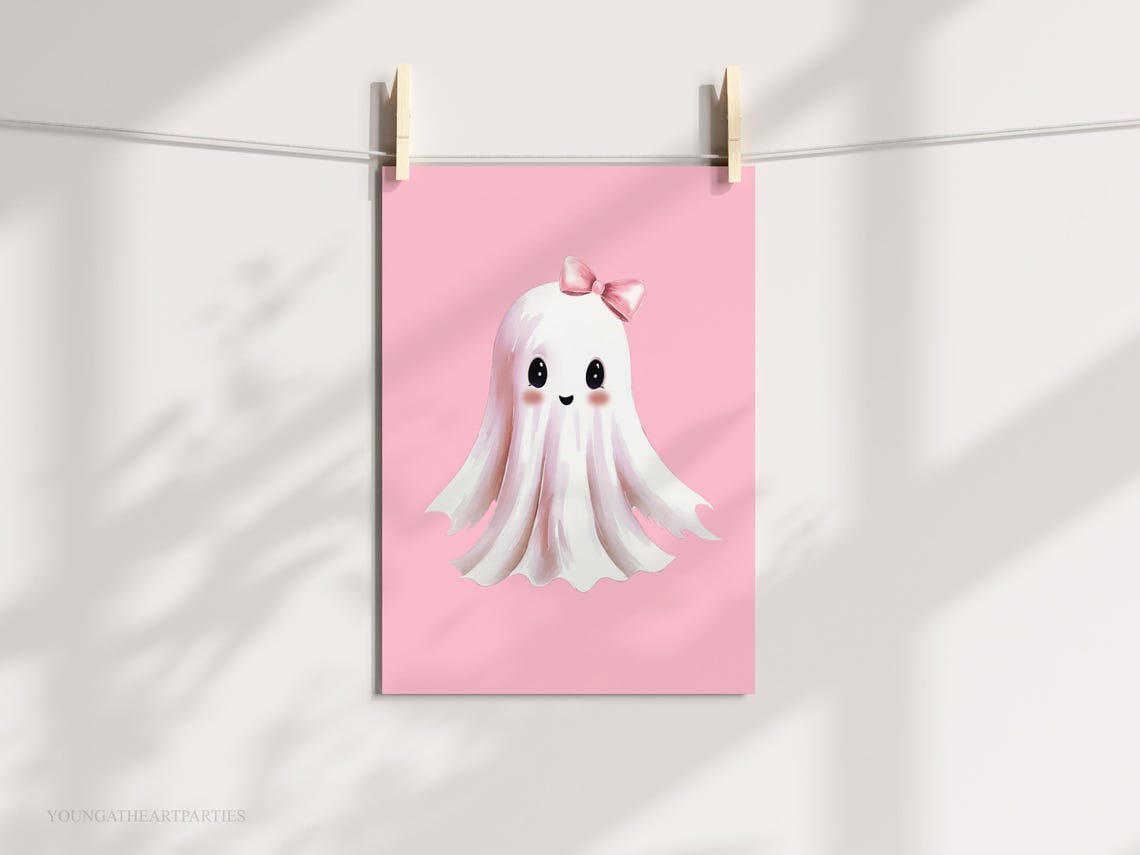 Cute Pink Bow Ghost Halloween Nursery Baby Girl Room Wall Art - Image 2