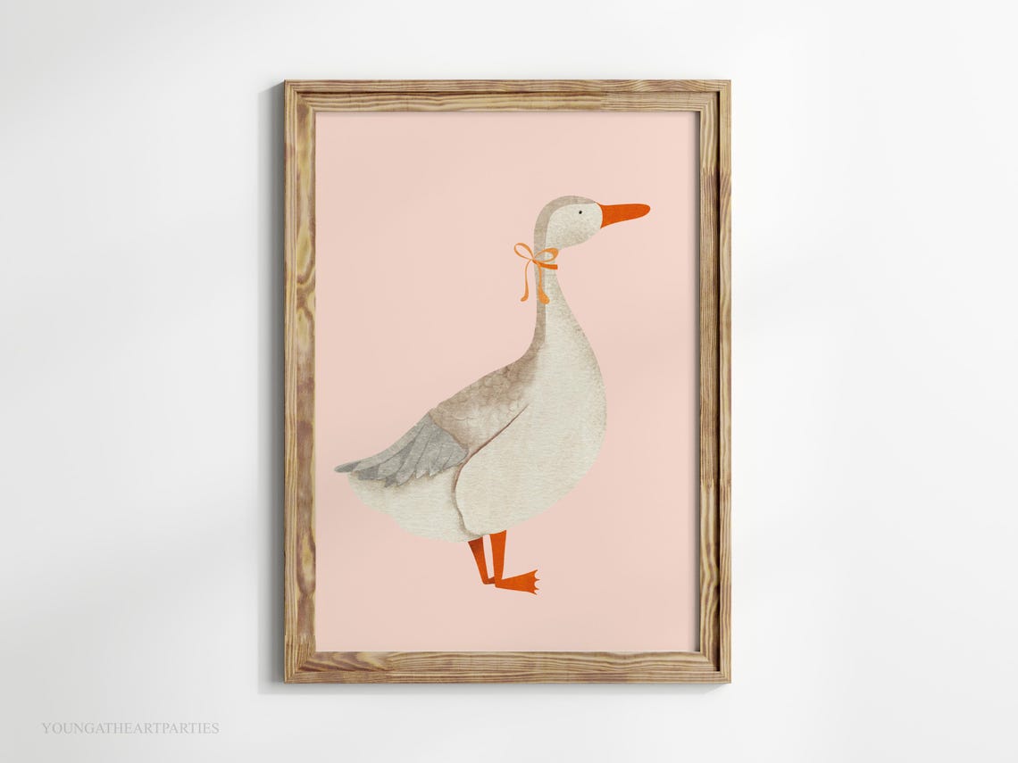Watercolor Goose with Orange Bow on Blush Pink Nursery Wall Art
