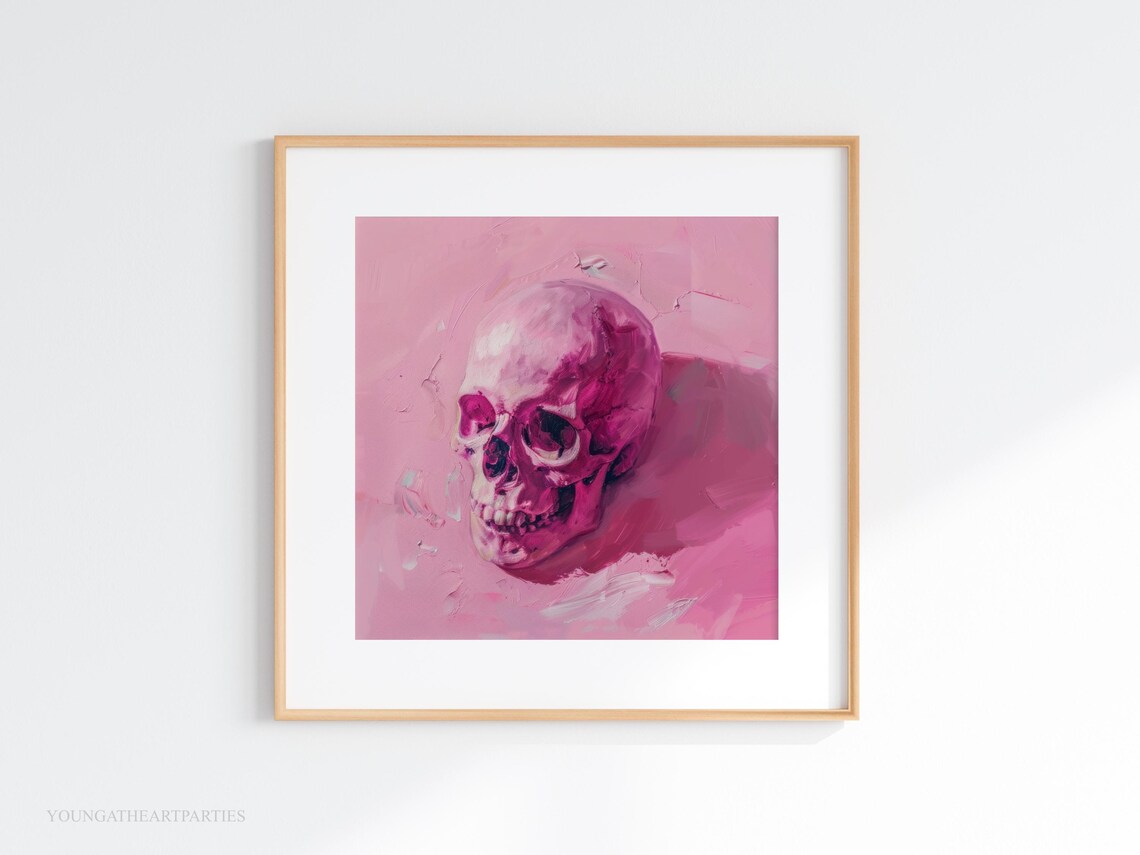 Hot Pink Gothic Skull Oil Painting Art Print Trendy Pink Halloween Art Pink Girly Halloween Skull Wall Art Creepy Pink Skull Art - Image 5
