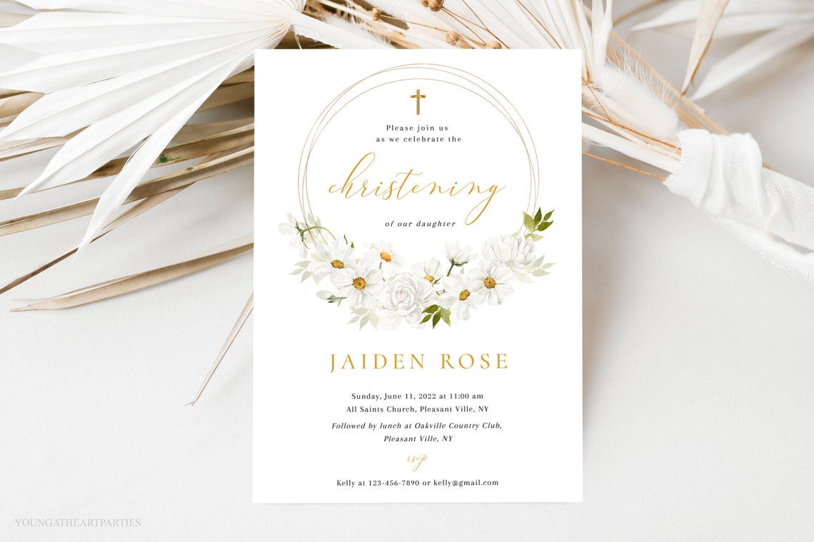 Elegant Jaiden Rose White Floral Christening Invitation Card Print