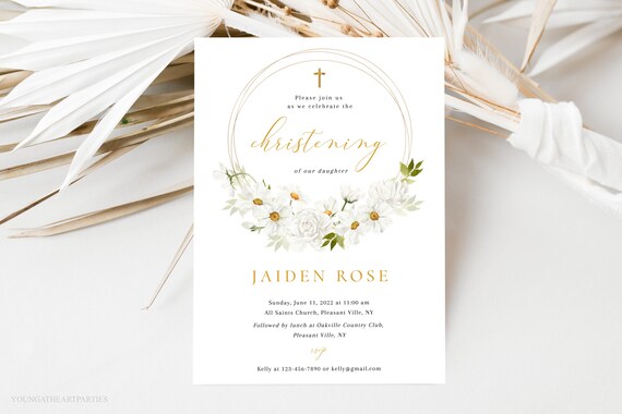 Elegant Jaiden Rose White Floral Christening Invitation Card Print