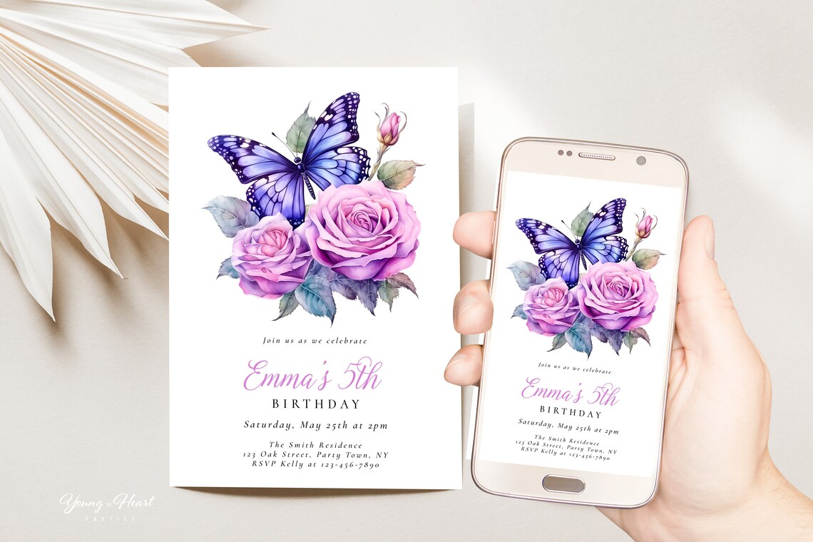 Purple Butterfly Birthday Invitation Watercolor Rose Party Print - Image 5
