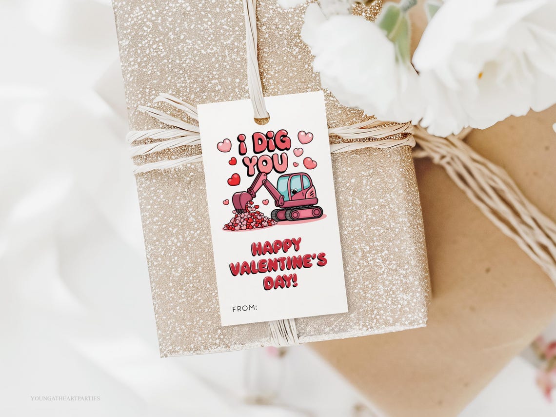 Kids Valentine Excavator I Dig You Classroom Favor Tag Print - Image 5