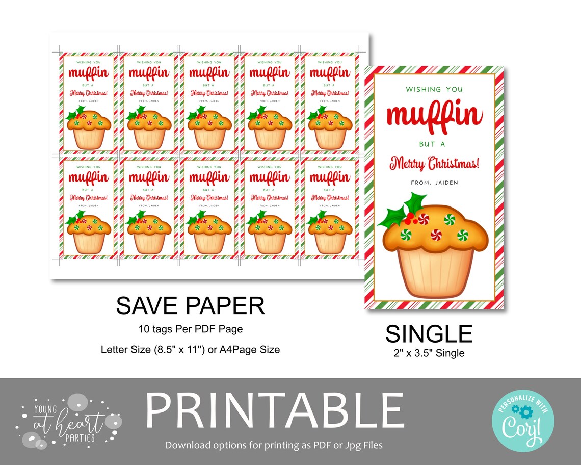 Wishing You Muffin But Merry Christmas Pun Gift Tag Editable Print - Image 2