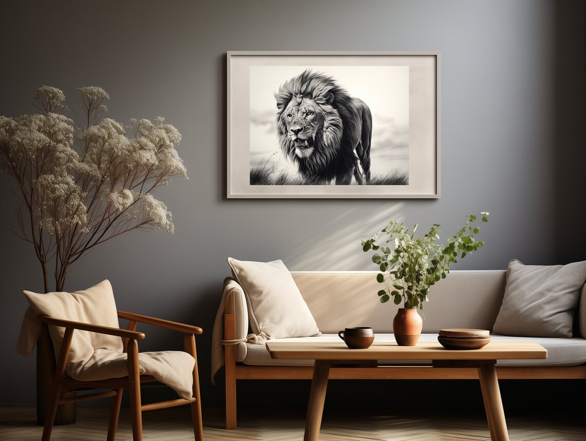 Majestic Lion Walking Through Tall Grass Black And White Poster - Image 3