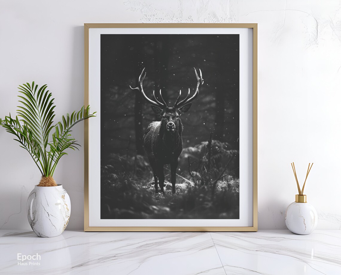 Majestic Stag Standing In Dark Snowy Pine Forest Photo Poster - Image 3