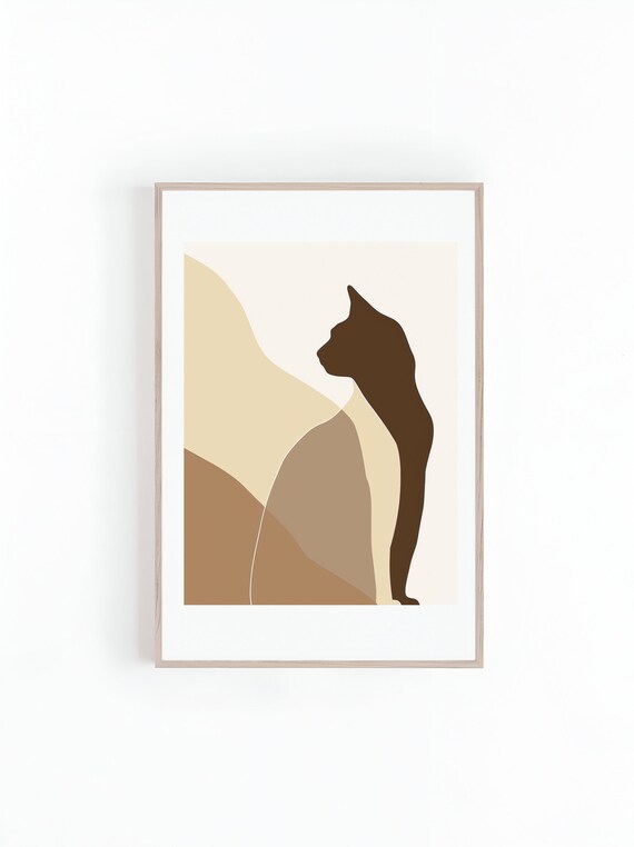 Seated Cat Silhouette Beige Color Block Abstract Modern Wall Art