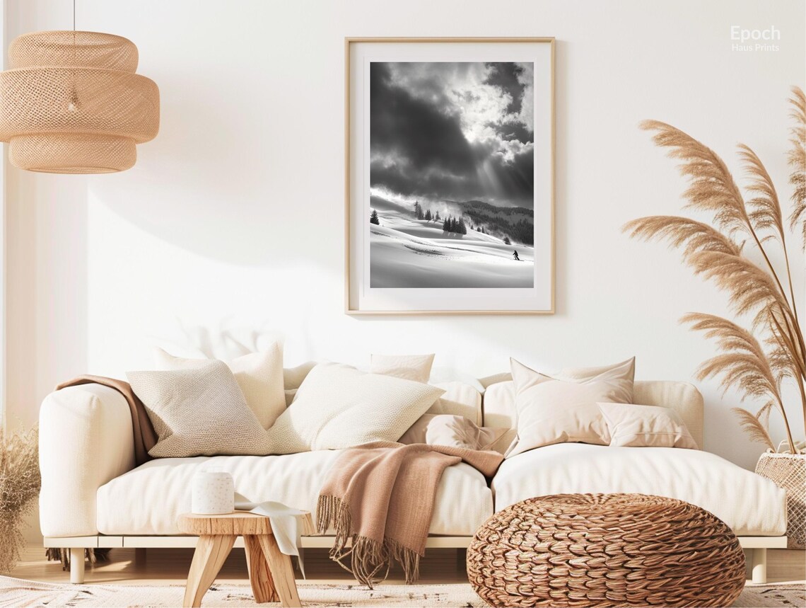 Skier on Snowy Mountain Ranges, Black and White - Image 3