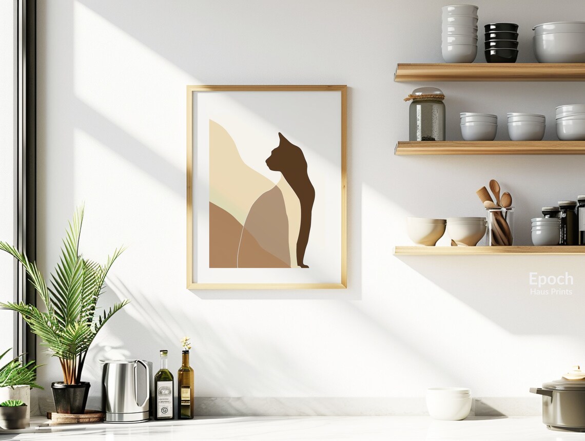 Seated Cat Silhouette Beige Color Block Abstract Modern Wall Art - Image 2