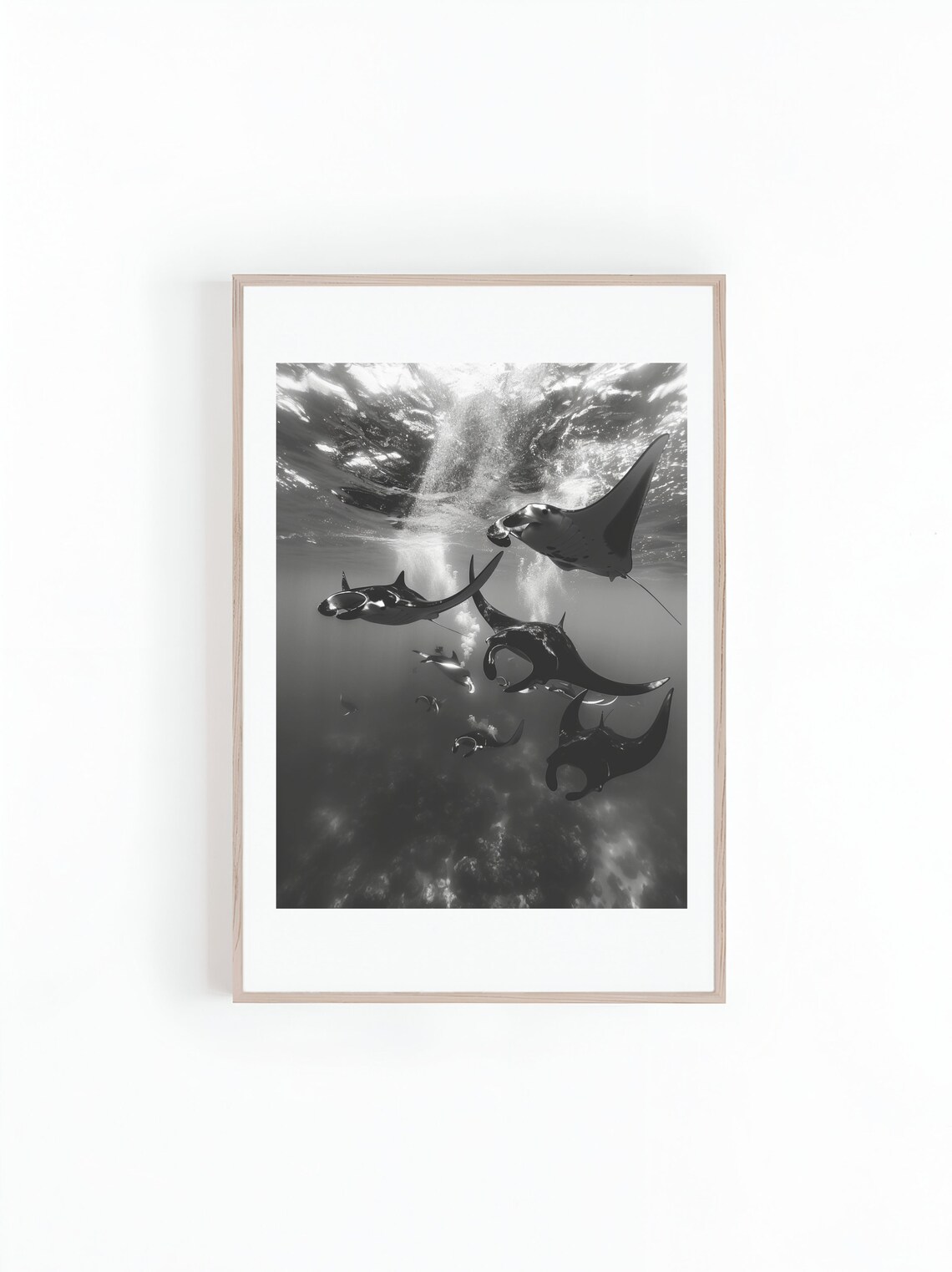 Manta Rays Black And White Photograph, Sea Life