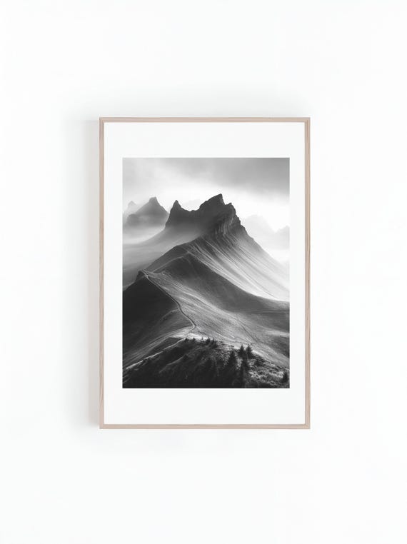 Photo Winding Trail Through Mountains Range Black And White Beautiful Landscape Photo Minimalist Wall Art Print Instant