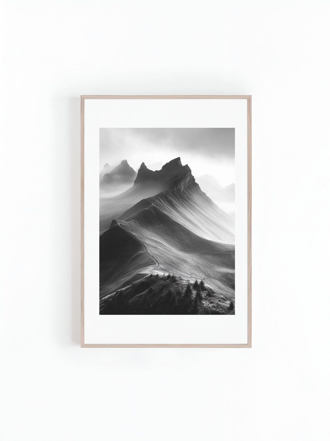 Photo Winding Trail Through Mountains Range Black And White Beautiful Landscape Photo Minimalist Wall Art Print Instant