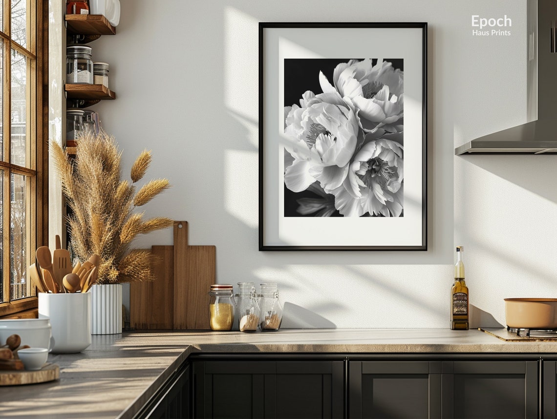 Peony Flower Bouquet Black And White Floral Art Print - Image 3