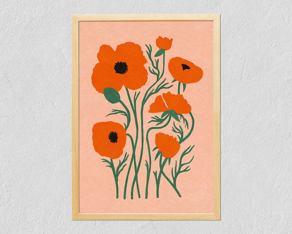 Poppies Botanical Flower Art Print, Illustrated Bouquet