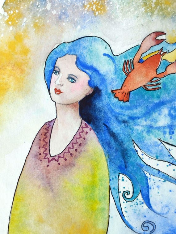 Cancer Zodiac Painting Of A Woman Of The Astrological Sign Of Cancer Portrait And Constellation Original Watercolor Wall Art Handmade