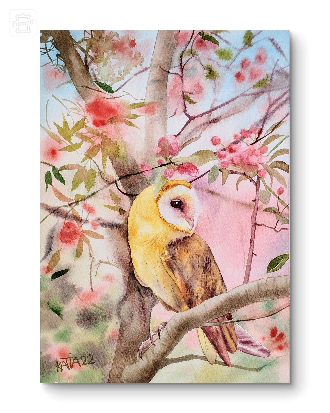 Barn Owl Perched Among Pink Blossom Flowers Watercolor Bird Art Poster