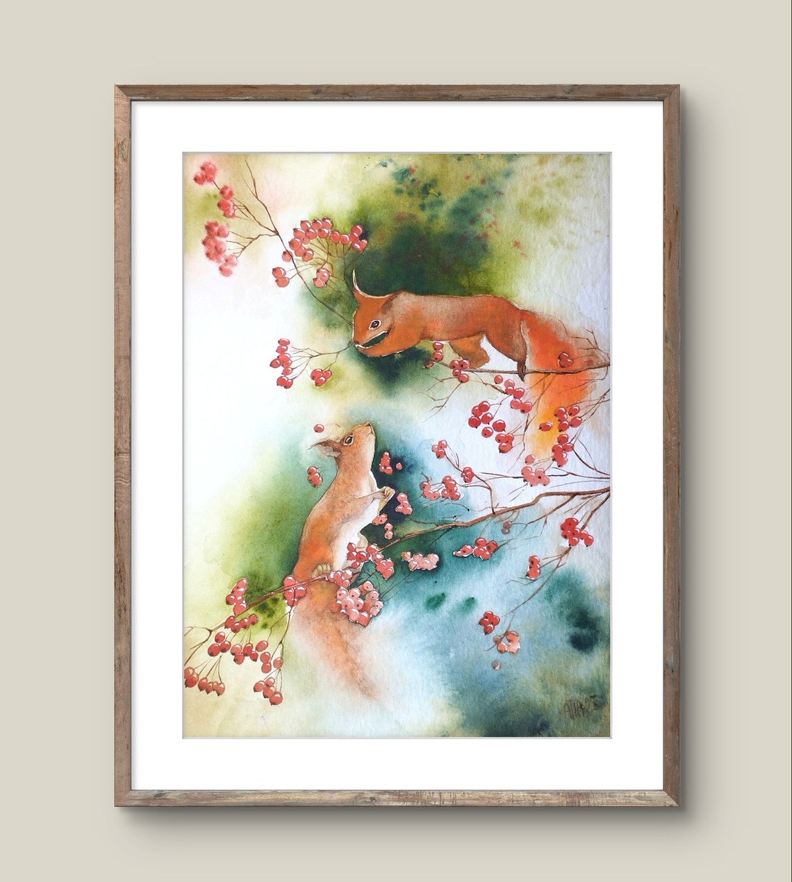 Two Red Squirrels Among Red Berries On Branches Watercolor Art Poster