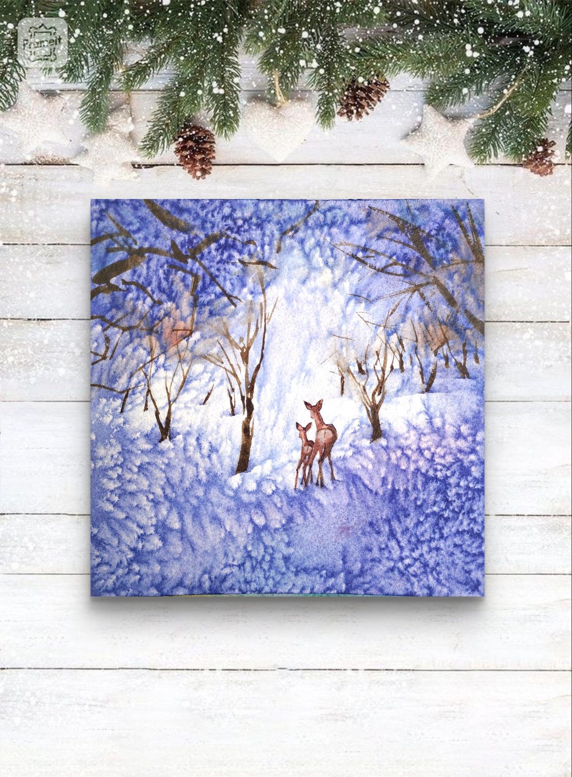 Couple Of Deer In Winter Landscape Of Trees Under The Snow Woodland Animals Original Watercolor Painting Wall Art Handmade Christmas Gift