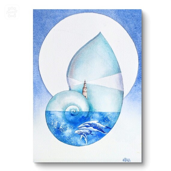 Seascape Blue Shell Whale And Calf Sea Lighthouse And Port Original Watercolor Painting Handmade Surreal Wall Art