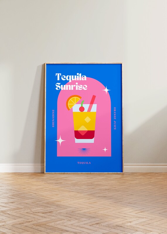 Tequila Sunrise Retro Cocktail Poster Bright Blue Pink Bar Decor