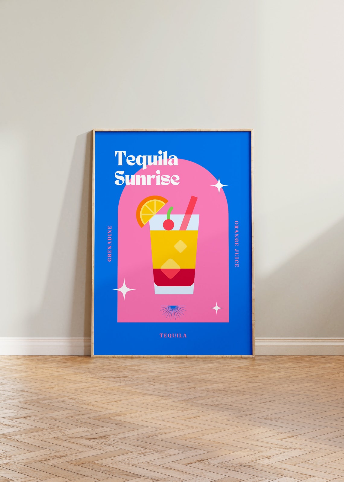 Tequila Sunrise Retro Cocktail Poster Bright Blue Pink Bar Decor