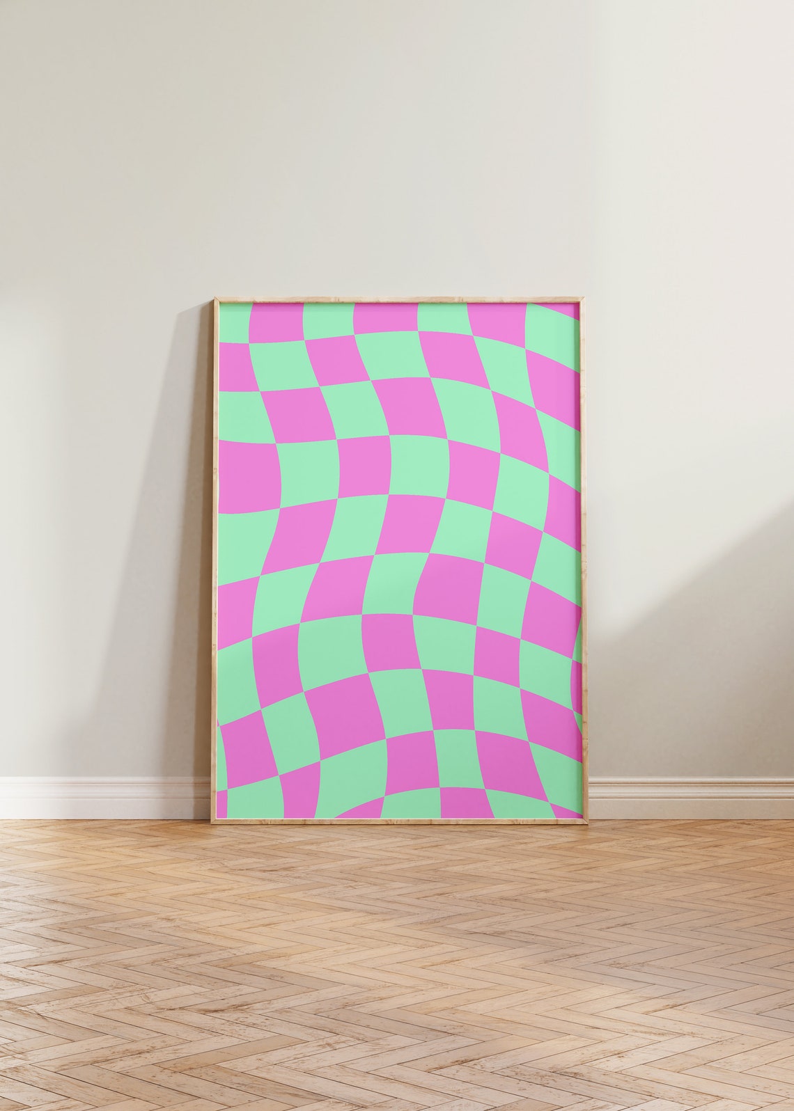 Pink Mint Wavy Checkerboard Retro Groovy Abstract Art Poster