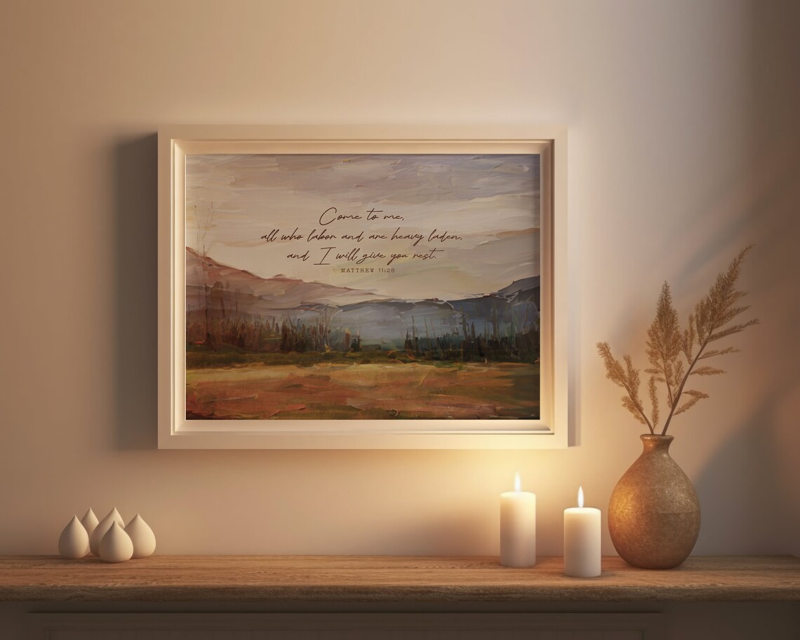Matthew 11:28 Vintage Landscape Scripture Art Print - Image 2