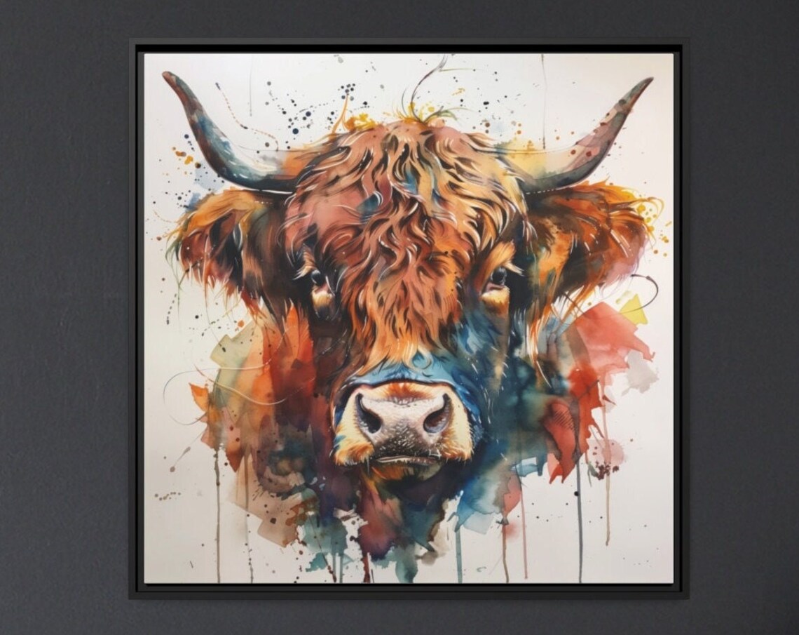 Colorful Highland Cow Watercolor Portrait Expressive Cow Art Poster