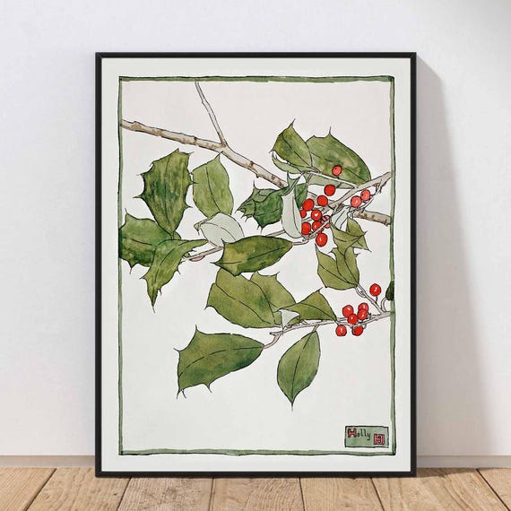 Christmas Holly Vintage Wall Art Print Japanese Painting Botanical Holiday Home Decor Red Berries Plant Mailed Or Instant Chms1