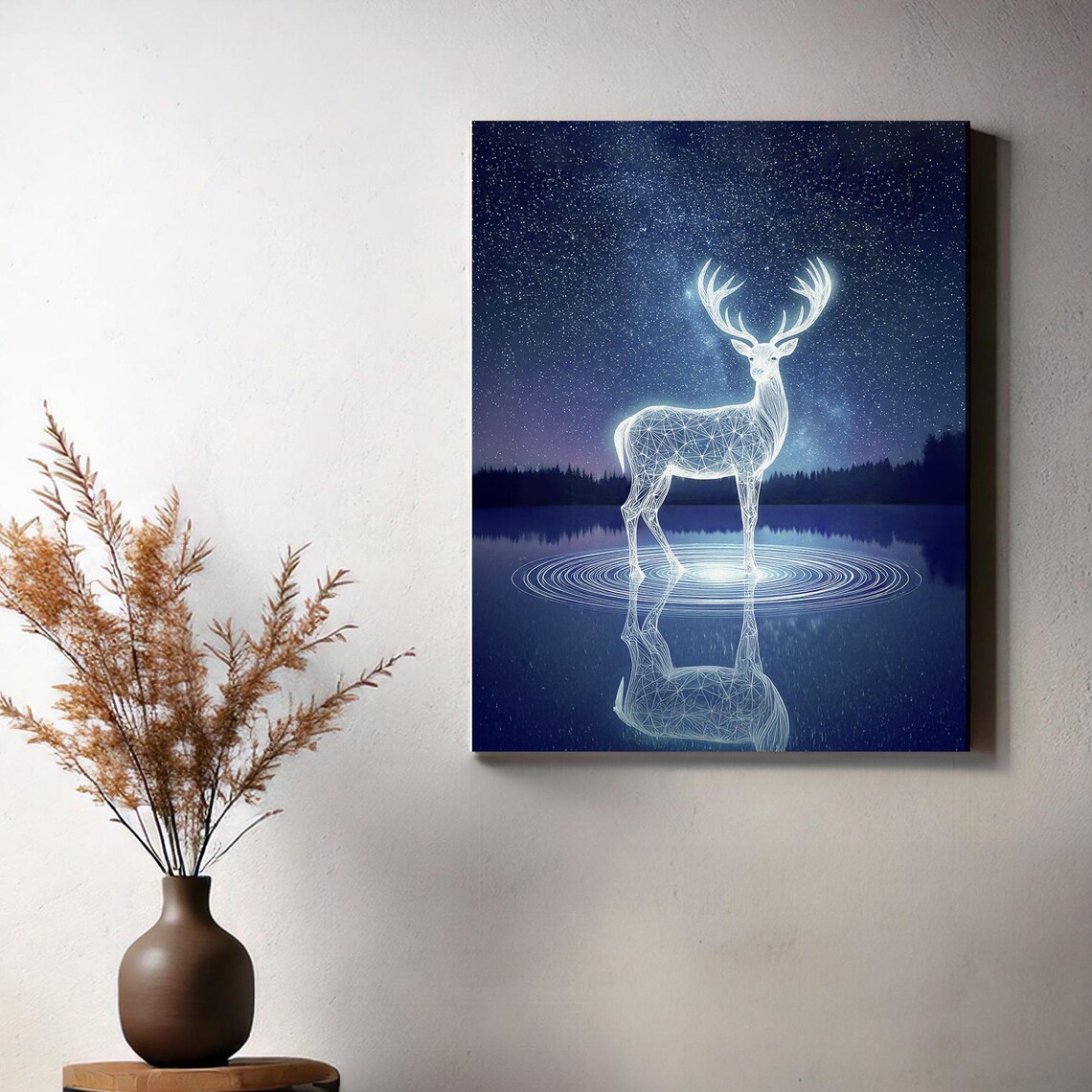 Glowing Geometric Deer by Moonlit Lake Starry Night Spirit Art Poster - Image 3