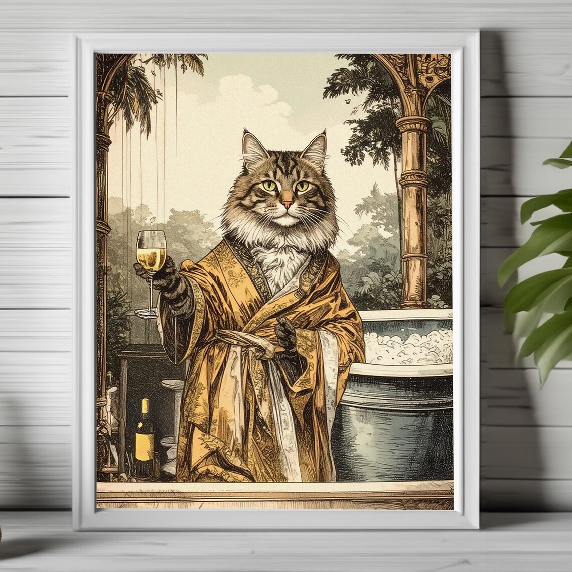 Funny Sophisticated Cat in Gold Bathrobe Holding Champagne Poster