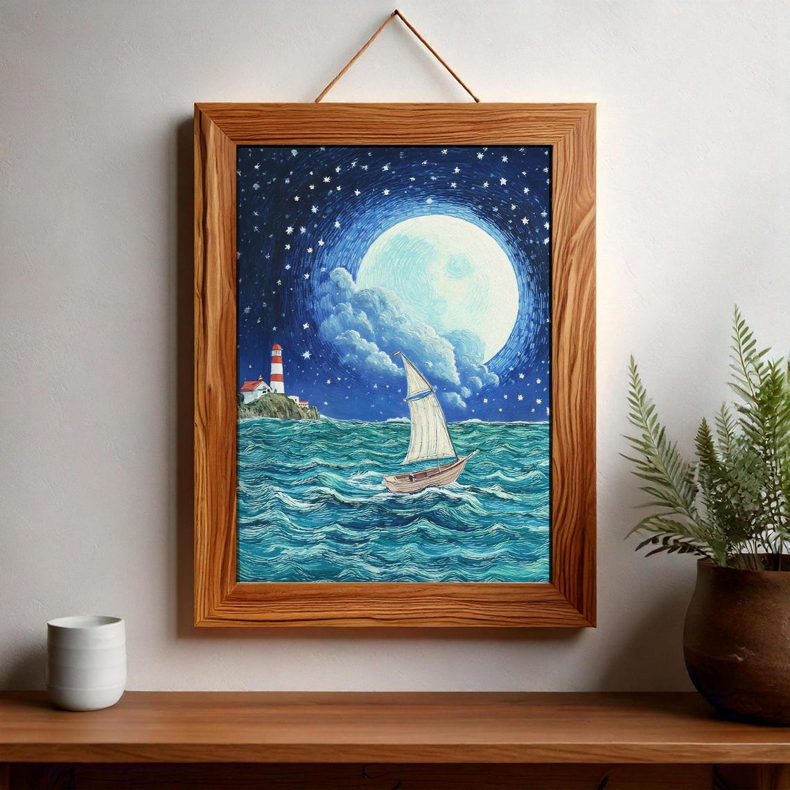 Moonlit Sailboat by Lighthouse Starry Night Nautical Art Poster - Image 2