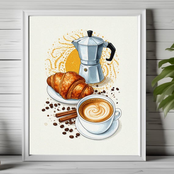 Coffee Lover Art Croissant Print Cozy Breakfast Decor Kitchen Wall Brunch Foodie Home Morning 189