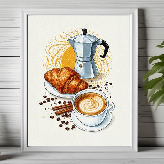 Espresso Moka Pot Latte Cup Croissant Cozy Cafe Illustration Poster