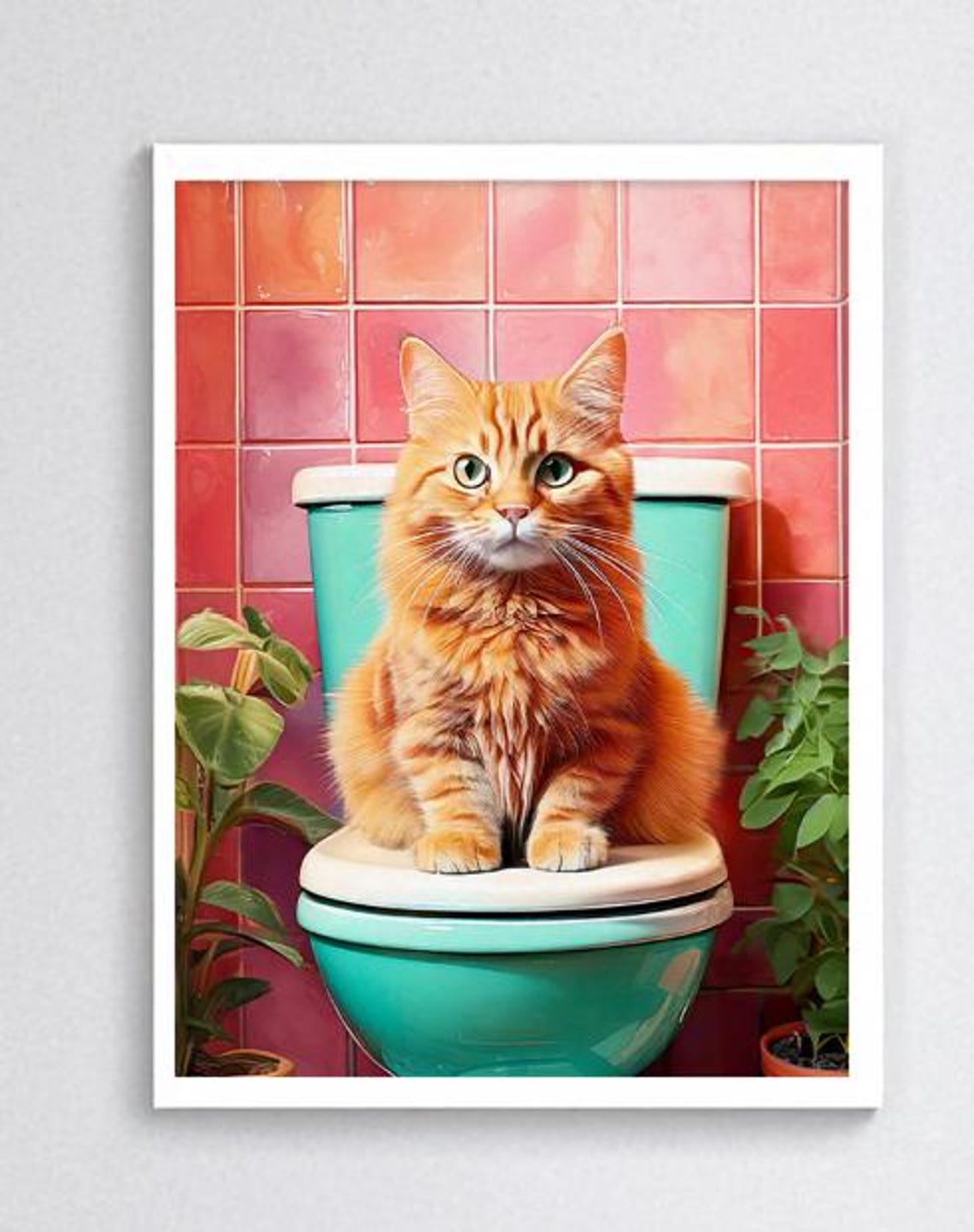 Funny Orange Cat on Toilet Colorful Retro Bathroom Art Poster