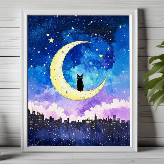 Black Cat Moon Art Whimsical Night Sky Print Crescent With Witchy Decor On Wall 245