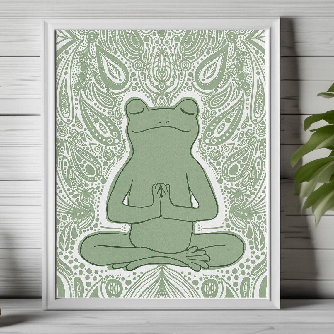 Peaceful Meditating Frog Sage Green Boho Paisley Zen Art Poster